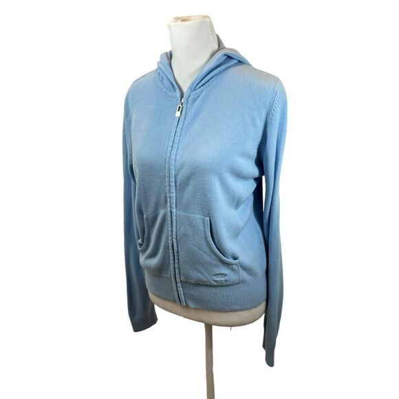 Ladies‎ Oleg Cassini Sport Blue Knit Hooded Cardigan Sweater Petite Large - Picture 1 of 12